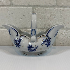 Vintage Gravy Boat, Norleans China, Cobalt Blue Floral Design with Gold Detailing, Double Spout, Made in Japan.