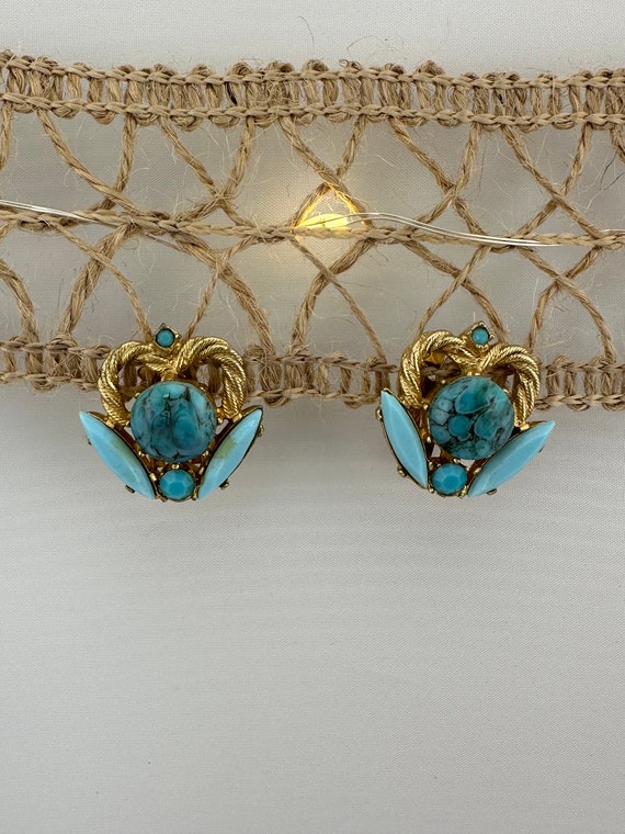 Boucles D'oreilles Clips Vintage En Métal Doré Avec Turquoise - Occasion