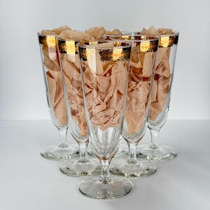 Vintage Pilsner Mid Century Modern Glass, Gold and Teal Filigree Band, Set of 6.
