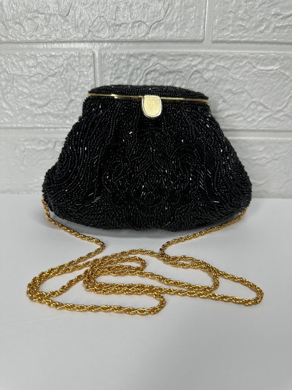 La Regale Vintage Black Beaded Purse Gold Chain Shoulder Strap