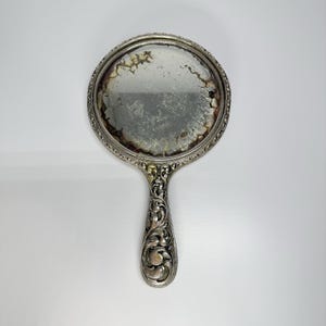 Vintage Hand Mirror, Nouveau Silver with Floral Design, Marked EPN.