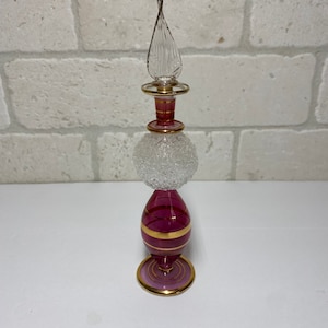 Vintage Perfume Bottle, Dark Pink Glass, Hand Painted, Art Deco, Gilded