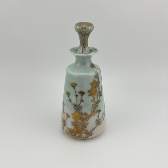 Vintage Perfume Bottles, Ceramic, Blue, Gold Flor… - image 4