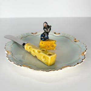 Vintage Cheese Dish and Knife Set with Adorable Gray Mouse on Bright Yellow Cheese Block