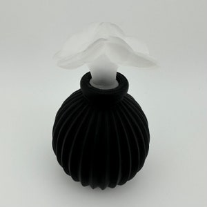 Vintage Perfume Bottle, Black Satin Glass with White Flower Top.