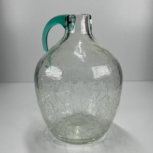 Vintage Blenko Crackle Art Glass Jug with Pretty Turquoise Handle