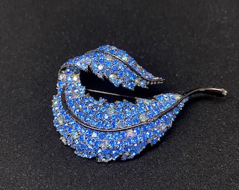 Vintage Brooch, Leaf Pin with Blue Rhinestones, Signed B.S.K.