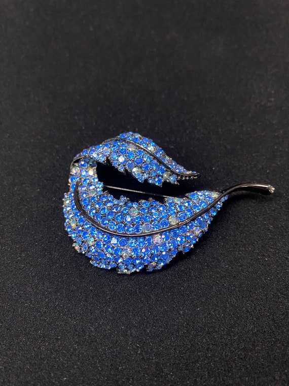 Vintage Brooch, Leaf Pin with Blue Rhinestones, S… - image 1