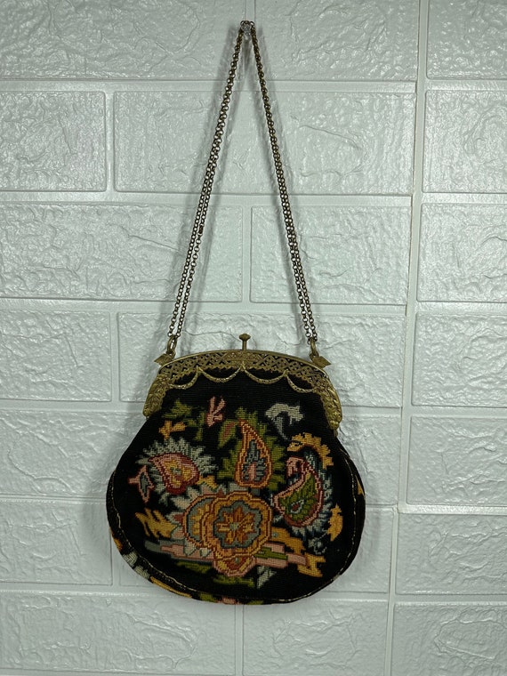 Vintage Handbag, Black with Needlepoint Flowers an