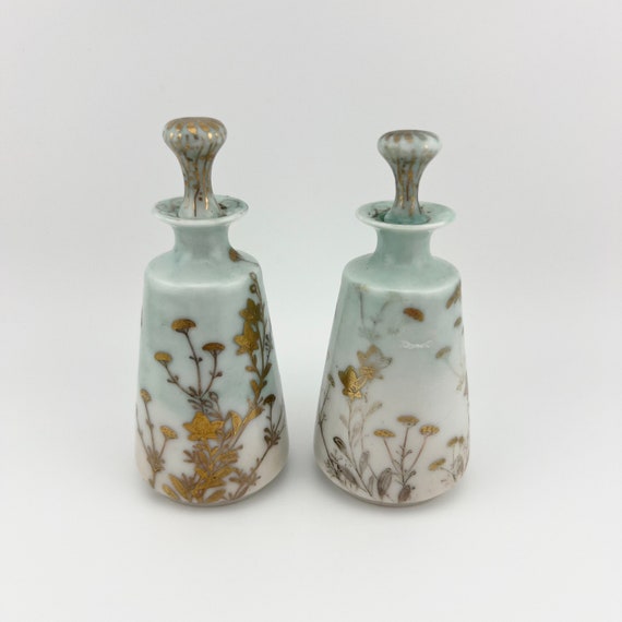 Vintage Perfume Bottles, Ceramic, Blue, Gold Flor… - image 1