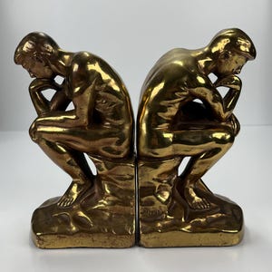 Vintage Bookends of Rodin The Thinker in Heavy Bronze Finish with Onyx Stone Base