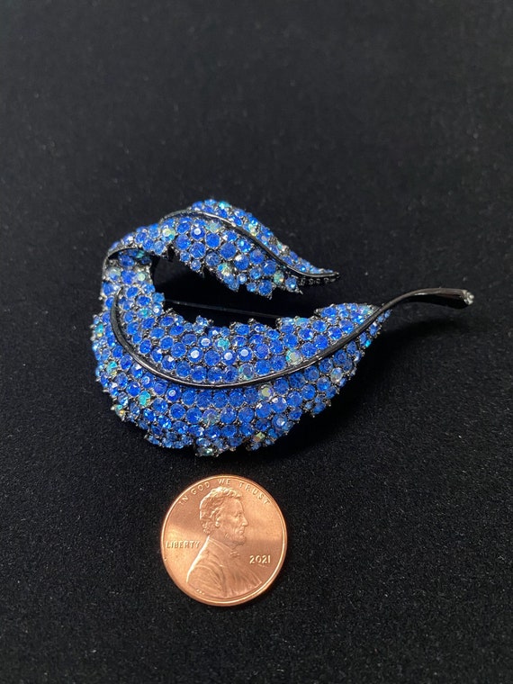 Vintage Brooch, Leaf Pin with Blue Rhinestones, S… - image 2