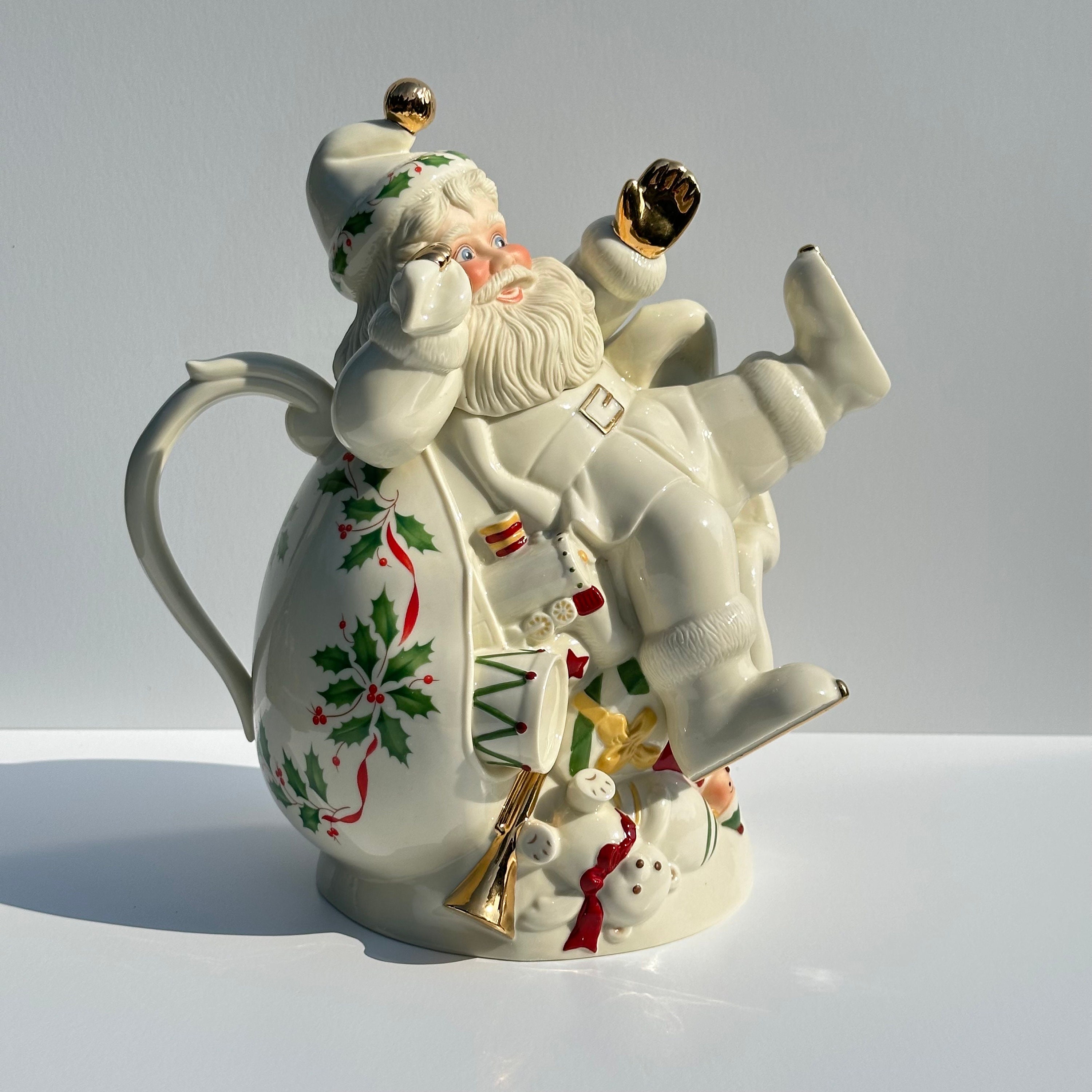 Lenox Santa Teapot - Etsy Lenox For the Holidays Holiday Teapot Santa Skates To A New Millennium 1999 EUC main image 0