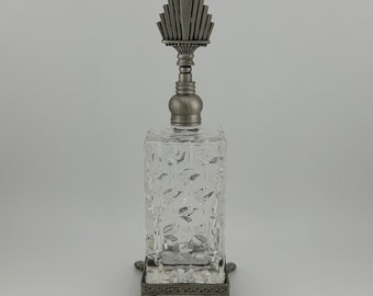 Vintage Perfume Bottle, Clear Cut Glass, Footed Base, Silver Tone Dabber.