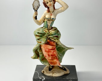 Vintage Figurine of Lady with Mirror with Carrara Marble Base by Fontanini