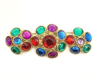Vintage Brooch with Multi-Colored Bezeled Gemstones Shaped in Flowers