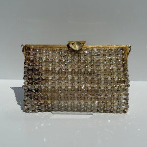 Vintage Iridescent Beaded Handbag with Gold Strap and Clasp, Made in Belgium for Rosenfeld, 1950s.