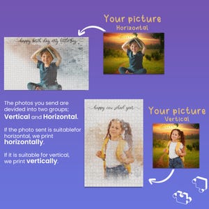 May include: A promotional image for custom photo puzzles. The image shows examples of horizontal and vertical photo layouts, with text that reads "happy birth day my little boy" and "happy new school year". The background is purple.