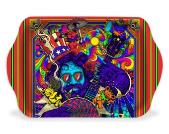 May include: A colorful psychedelic tray featuring a cartoon character playing a guitar. The character is wearing a red, white, and blue hat and sunglasses. The background is filled with swirls and flowers.
