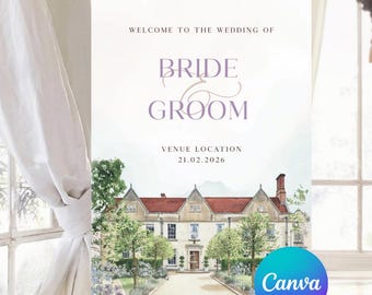 May include: A wooden easel displays a wedding welcome sign. The sign features the words "Welcome to the Wedding of Bride & Groom" in elegant script, along with a watercolor illustration of a venue and the date 21.02.2026. The Canva logo is visible.