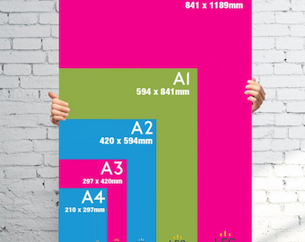 May include: A chart showing the different sizes of paper in the A series, from A0 to A4. The chart is printed on a pink background and shows the dimensions of each size in millimeters. The chart is held by a person's hands.