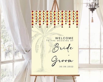 May include: Welcome to the wedding of Bride and Groom, a wedding sign with a palm tree illustration and a garland of red and yellow flowers. The date of the wedding is 30.06.2022.