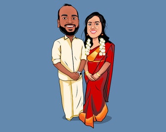 May include: A cartoon illustration of a couple in traditional Indian wedding attire. The man is wearing a white shirt and dhoti, while the woman is wearing a red saree with gold embroidery and floral jewelry.