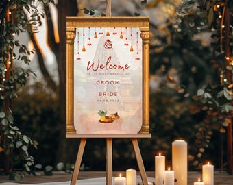 May include: A wooden easel displays a welcome sign for a Hindu wedding. The sign features gold trim, the word "Welcome" in red script, and the names of the groom and bride, with the date 04.09.2024. The background is a soft watercolor design.