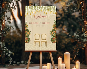 May include: A wooden easel displays a wedding welcome sign. The sign features the words "Welcome" and "Groom and Bride" in burgundy script. Two ornate chairs are depicted below the text, with floral arrangements on either side. The date "27.08.2025" is also visible.