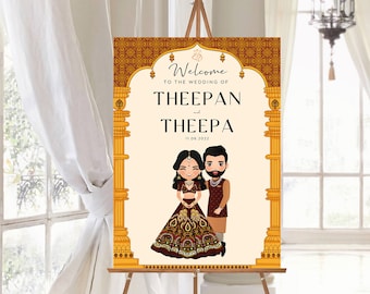 May include: Welcome to the wedding of Theepan and Theepa, 11.06.2022. A wedding sign with a cartoon illustration of a couple in traditional Indian attire standing in front of a golden archway with red and gold patterned background.