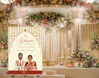May include: A wedding welcome sign on an easel. The sign features a couple illustration and the words "Welcome to the Wedding of Bavan & Shivonne, September 8th 2024." The sign has a cream background with red and gold accents.