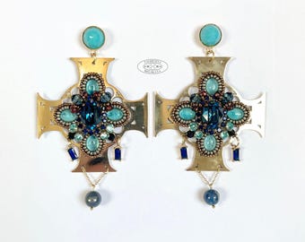 Chandelier Cross Earrings | Crystal Dangle, Stained Glass Style, Gothic Statement
