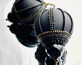 Large Black Beaded Sphere Earrings | Architectural Dome Inspired Statement Jewelry