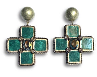 The Last Crusade  Green Cross Statement Earrings — Emerald Enamel, Gold Leaf & Swarovski Crystal Medieval Earrings