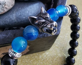 Odins Wolves, Geri & Freki Inspired, Viking Bracelet, Wolf Bracelet, Norse Pagan, Heathen, Obsidian and Blue Striped Agate Bead Bracelet