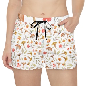 Mushroom and wildflower shorts, woman&#39;s shorts, mushrooms, floral pattern