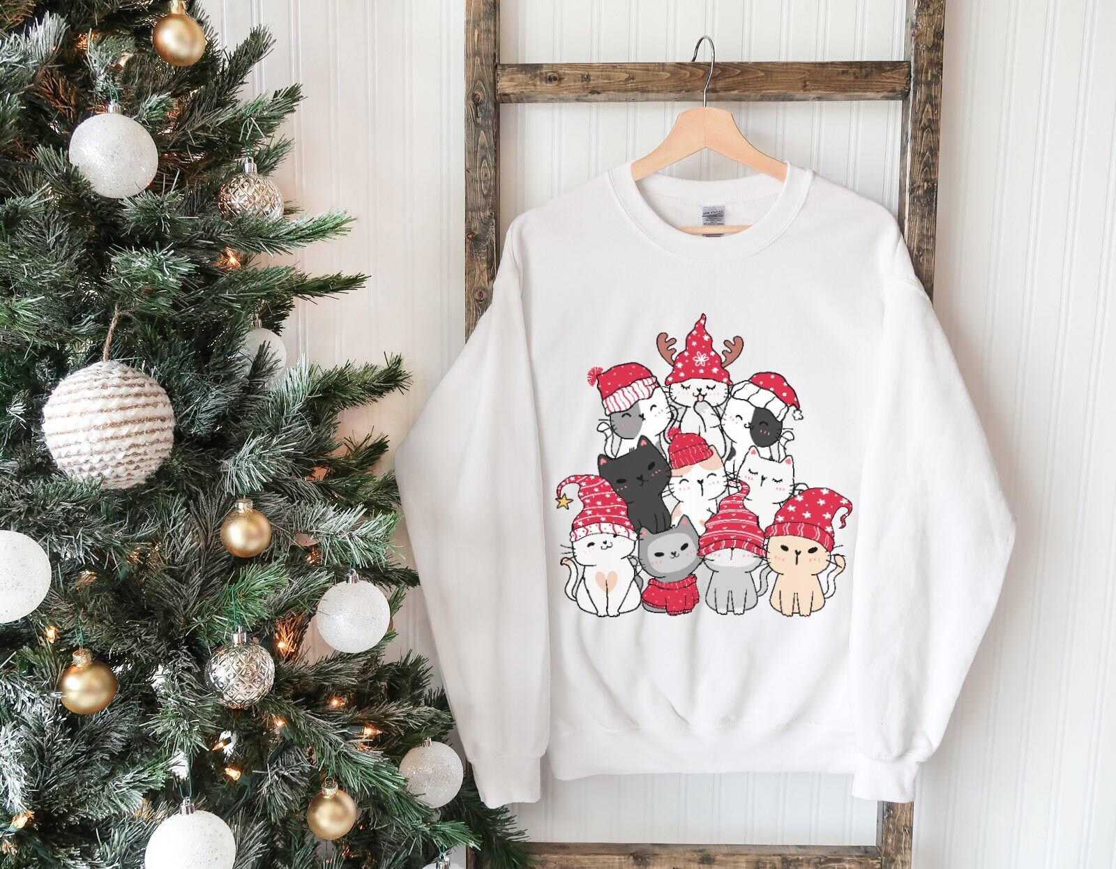 HereByDesignCo Holiday Cat Sweater, Cute Christmas Cats, Kawaii Cat Sweater, Christmas Cat Doodles, Gift for Cat Lover, Santa Cats, Cute Holiday Pullover