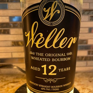 Weller 12 Year Bourbon Up-Cycled Bottle Lamp on Reclaimed Bourbon Barrel Head Oak Base