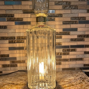 Vintage Bourbon Bottle Lamps on Reclaimed Bourbon Barrel Head with Charred End Up
