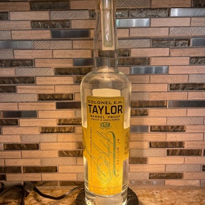 Colonel E.H. Taylor  Barrel Proof Up-Cycled Bottle Lamp on Reclaimed Bourbon Barrel Head Oak Base
