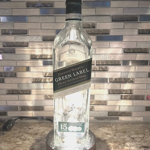 Johnnie Walker Green Label Bottle Lamp on reclaimed bourbon barrel base