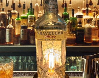 B Trace Traveler Bourbon Bottle Lamp on a Reclaimed Bourbon Barrel Oak Base
