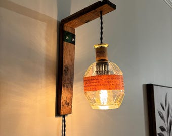 Rustic Bourbon Barrel Stave Wall Light with option of including an Industrial Pulley and Cleat