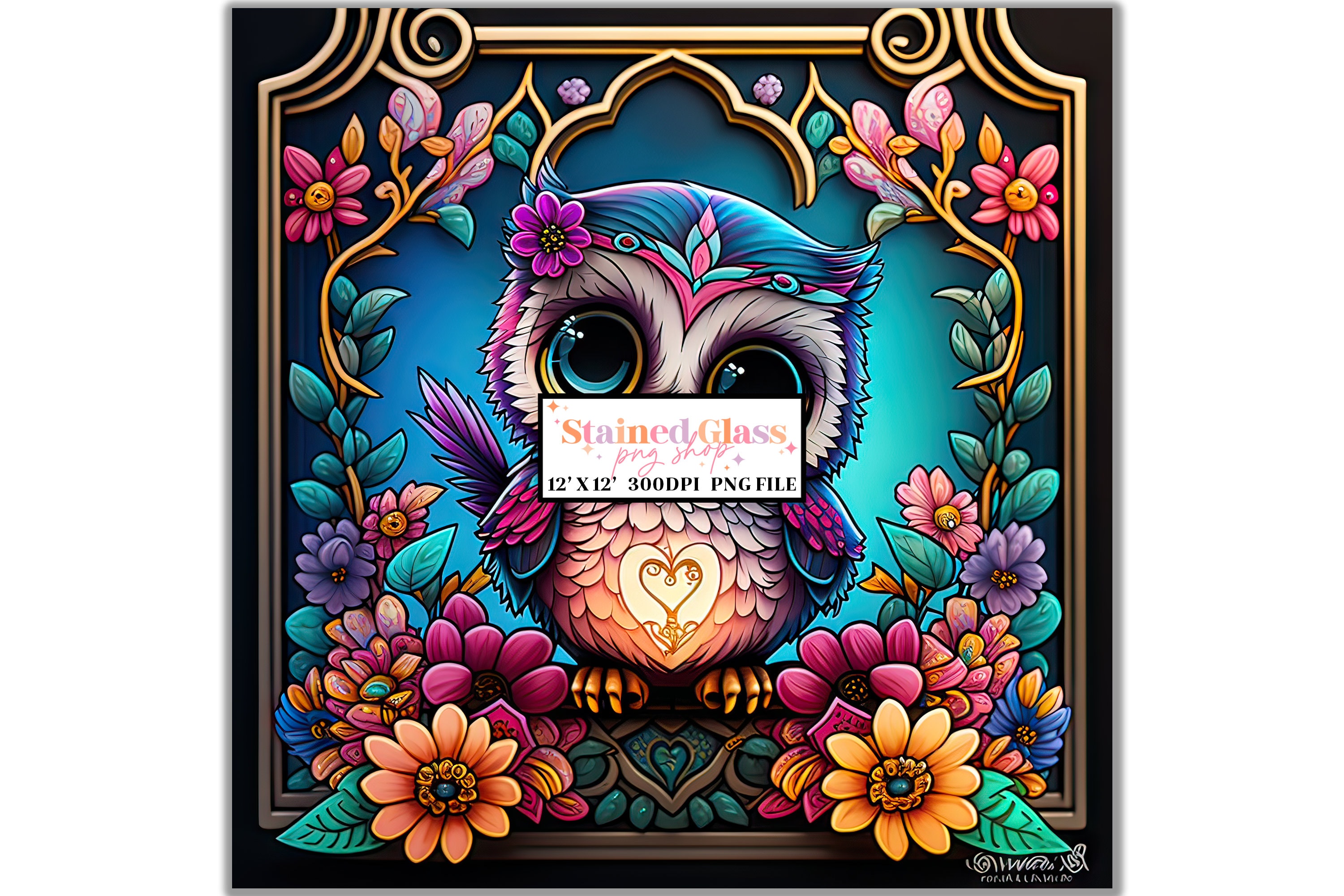 Owl Stained Glass Sublimation Designs, Stained Glass Pattern, Stained Glass PNG, Faux Stained Glass,