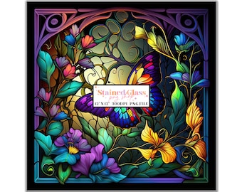 Butterfly Stained Glass Sublimation Designs, Stained Glass Pattern, Stained Glass PNG, Faux Stained Glass, Stain Glass Paper, Digital Papers