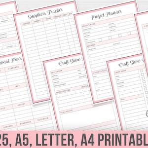 May include: Printable planner pages in pink and gray with headings for "Suppliers", "Suppliers Tracker", "Seasonal Prom", "Craft Show", "Project Planner", and "Product Ideas".