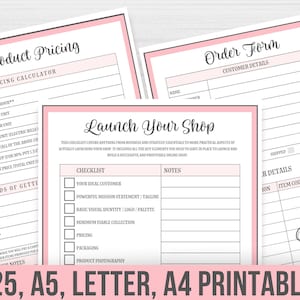 May include: A printable pink and gray checklist for launching an online shop. The checklist includes sections for your ideal customer, mission statement, visual identity, pricing, packaging, and product photography. The checklist also includes an order form with sections for customer details, shipped and received, and order details.