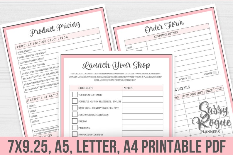 May include: A printable pink and gray checklist for launching an online shop. The checklist includes sections for your ideal customer, mission statement, visual identity, pricing, packaging, and product photography. The checklist also includes an order form with sections for customer details, shipped and received, and order details.