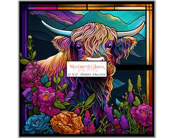 Highland Cow Stained Glass Sublimation Design, Stained Glass Pattern, Stained Glass PNG, Faux Stained Glass, Stain Glass Paper,Digital Paper