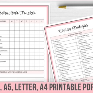 May include: Printable pink and white planner pages with the title "Behaviour Tracker" and "Coping Strategies". The tracker page has a list of unhealthy behaviors and a grid for tracking them daily. The coping strategies page has a list of coping mechanisms and a column for rewards.